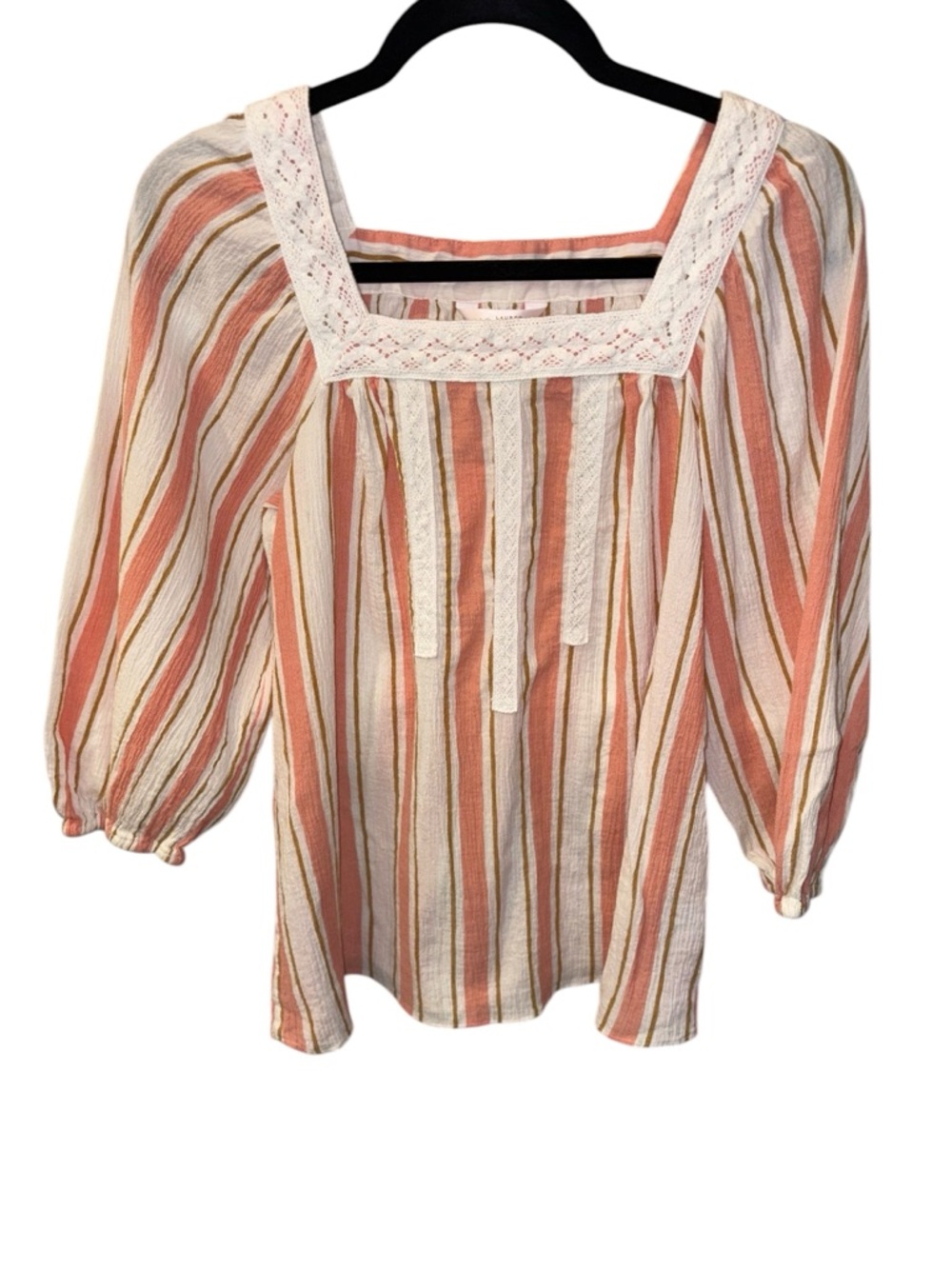 LC Lauren Conrad Striped Peasant Blouse Small Coral Cream Crochet Lace Boho - Picture 2 of 8